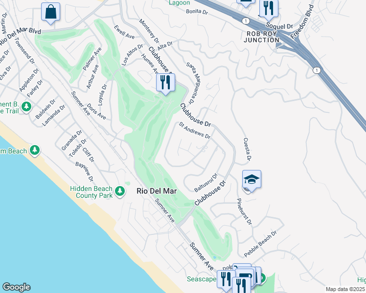 map of restaurants, bars, coffee shops, grocery stores, and more near 190 Wingfoot Way in Aptos
