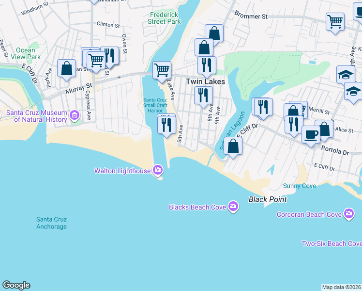map of restaurants, bars, coffee shops, grocery stores, and more near 2501 East Cliff Drive in Santa Cruz