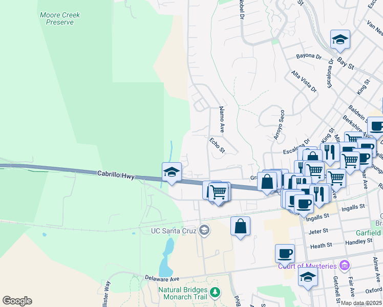 map of restaurants, bars, coffee shops, grocery stores, and more near 624 Southview Terrace in Santa Cruz