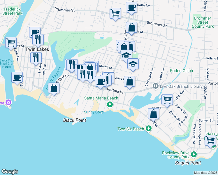 map of restaurants, bars, coffee shops, grocery stores, and more near 1701 Portola Drive in Santa Cruz