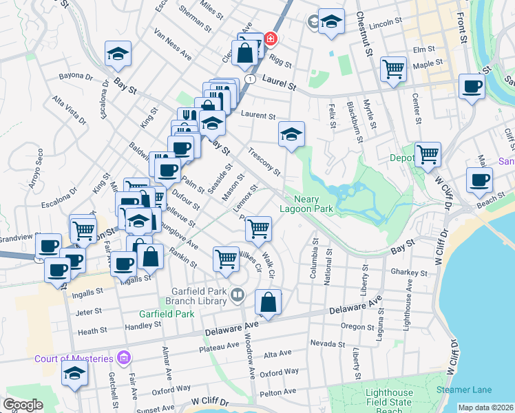 map of restaurants, bars, coffee shops, grocery stores, and more near 117 Redwood Street in Santa Cruz