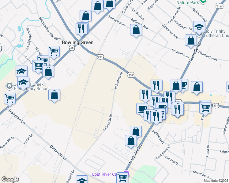 map of restaurants, bars, coffee shops, grocery stores, and more near 2829 Industrial Drive in Bowling Green