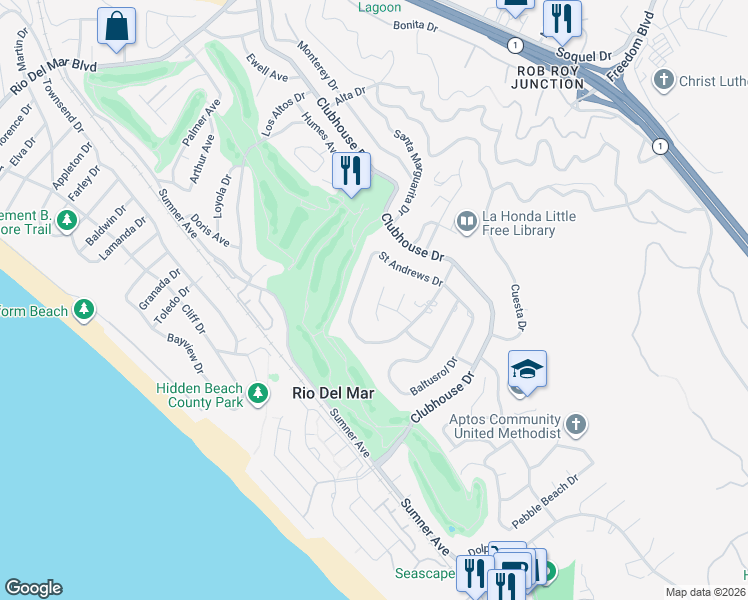 map of restaurants, bars, coffee shops, grocery stores, and more near 210 Wingfoot Drive in Aptos