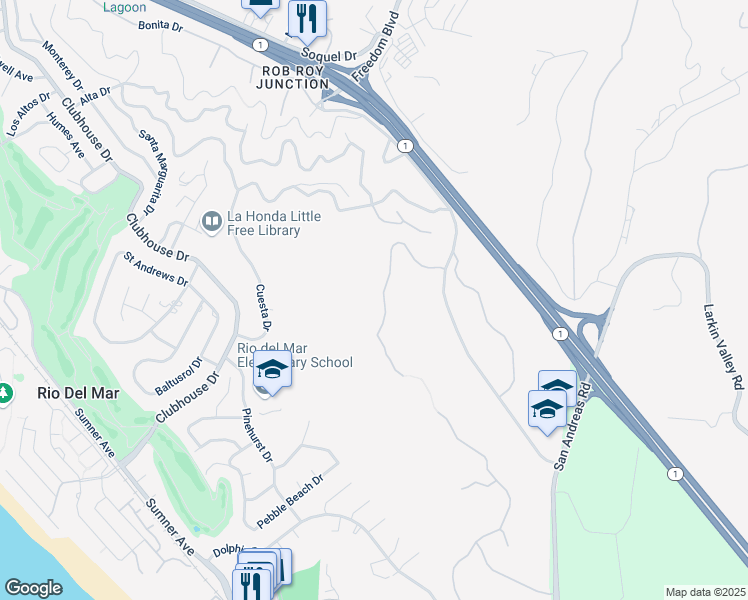 map of restaurants, bars, coffee shops, grocery stores, and more near 140 Zanzibar Drive in Aptos