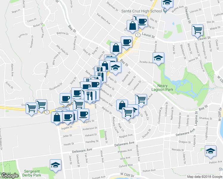map of restaurants, bars, coffee shops, grocery stores, and more near 519 Dufour Street in Santa Cruz