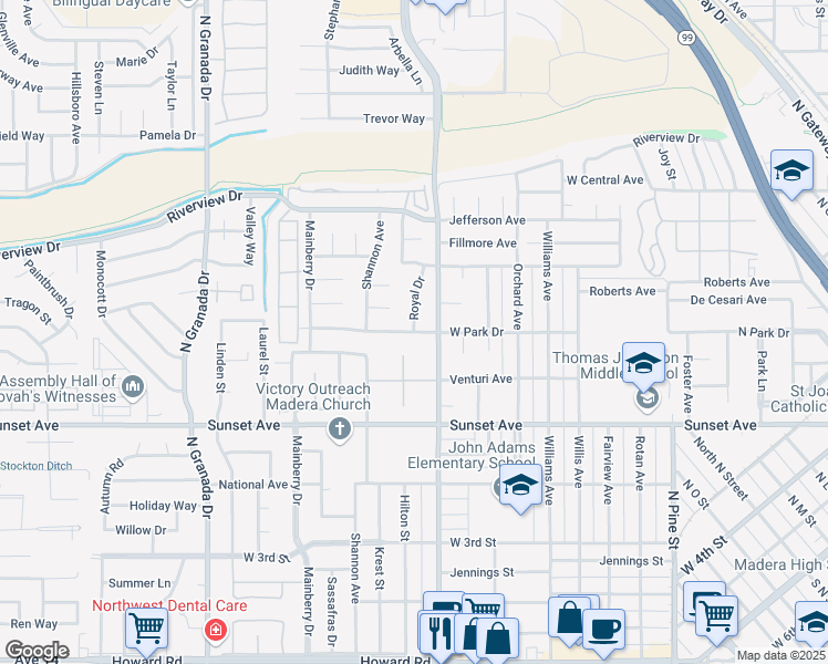 map of restaurants, bars, coffee shops, grocery stores, and more near 1925 West Park Drive in Madera