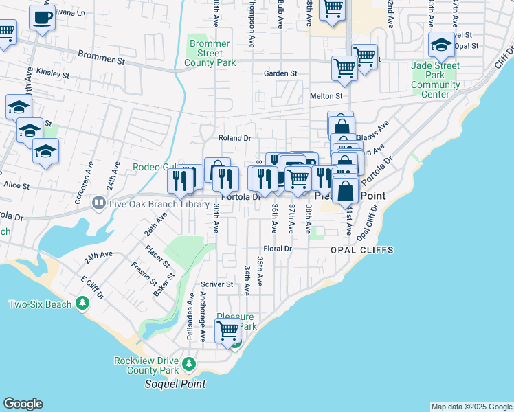 map of restaurants, bars, coffee shops, grocery stores, and more near 3320 Portola Drive in Santa Cruz