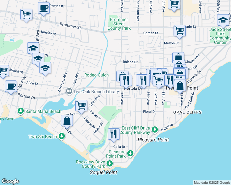 map of restaurants, bars, coffee shops, grocery stores, and more near 2800 Portola Drive in Santa Cruz