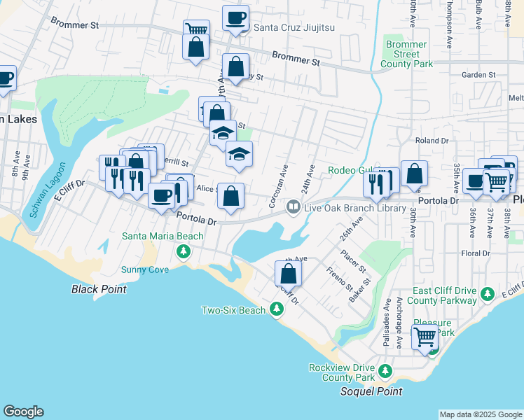 map of restaurants, bars, coffee shops, grocery stores, and more near 2201 Portola Drive in Santa Cruz