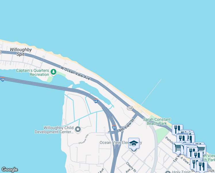 map of restaurants, bars, coffee shops, grocery stores, and more near 600c West Ocean View Avenue in Norfolk