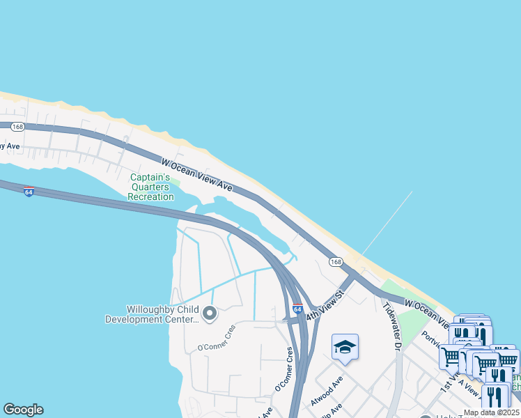 map of restaurants, bars, coffee shops, grocery stores, and more near 617 West Ocean View Avenue in Norfolk