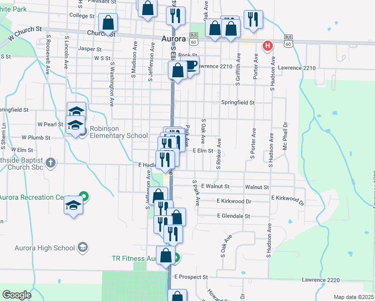 map of restaurants, bars, coffee shops, grocery stores, and more near 298 East Elm Street in Aurora