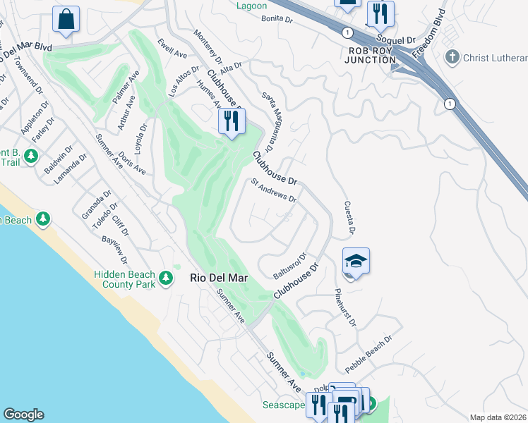 map of restaurants, bars, coffee shops, grocery stores, and more near 190 Wingfoot Way in Aptos