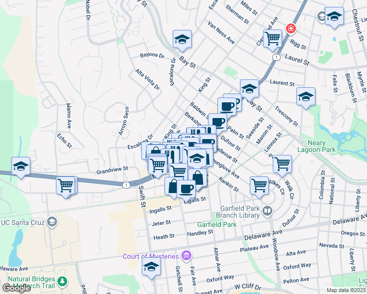map of restaurants, bars, coffee shops, grocery stores, and more near 201 Miramar Drive in Santa Cruz