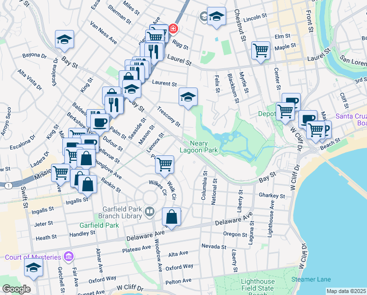 map of restaurants, bars, coffee shops, grocery stores, and more near 537 California Avenue in Santa Cruz