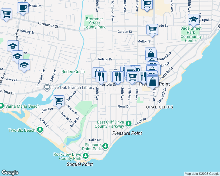 map of restaurants, bars, coffee shops, grocery stores, and more near 3320 Portola Drive in Santa Cruz