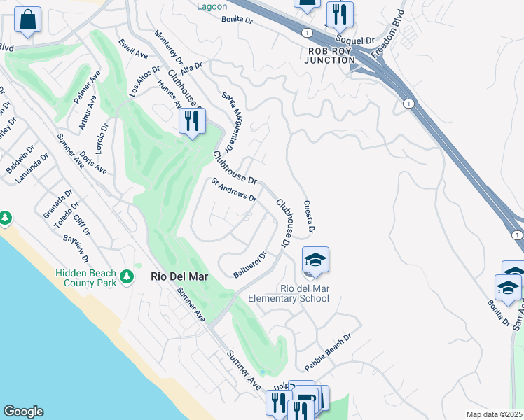 map of restaurants, bars, coffee shops, grocery stores, and more near 140 Baltusrol Drive in Aptos