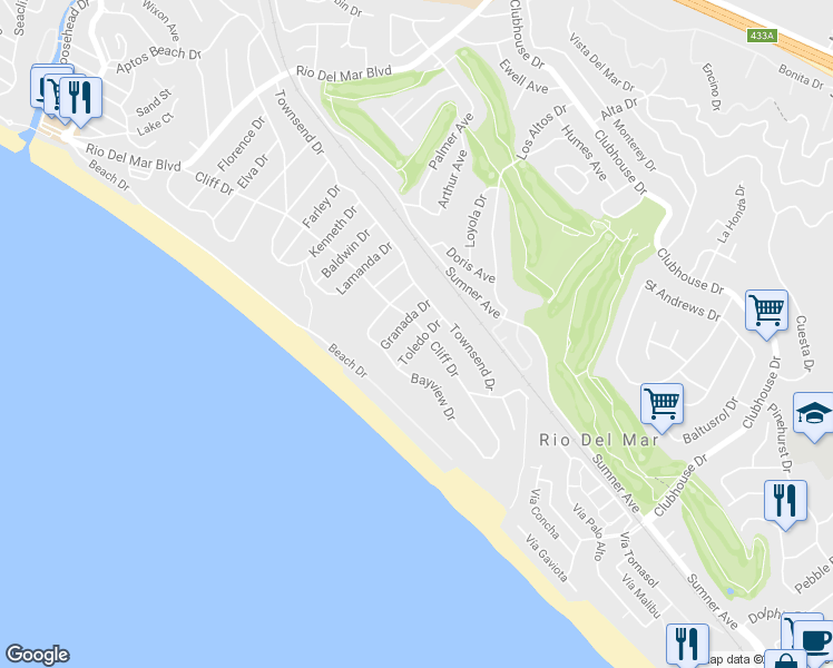 map of restaurants, bars, coffee shops, grocery stores, and more near 115 Toledo Drive in Aptos
