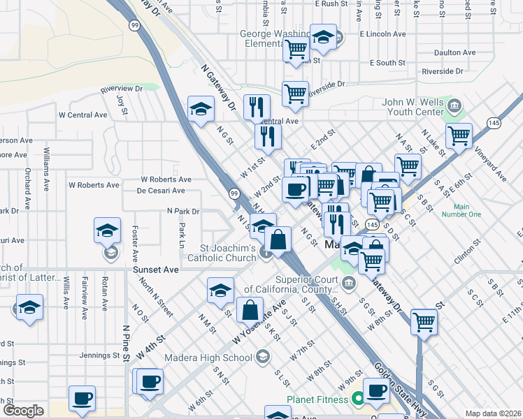 map of restaurants, bars, coffee shops, grocery stores, and more near 409 North H Street in Madera