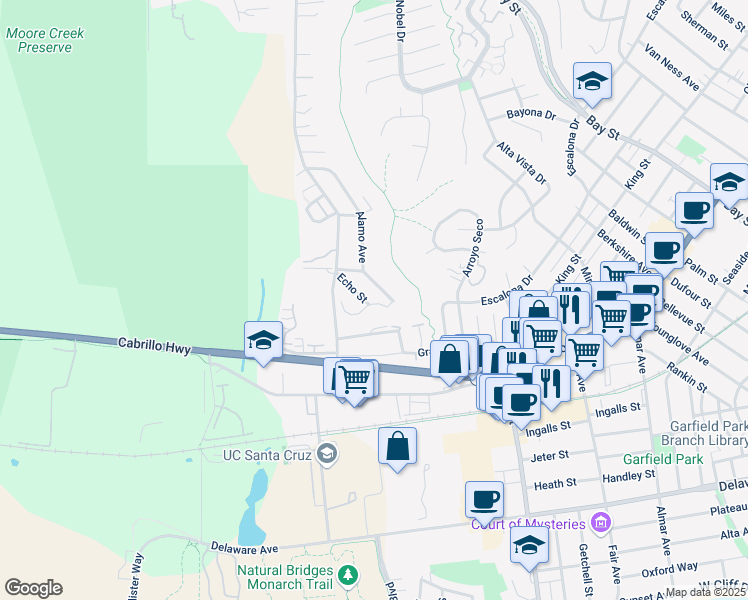 map of restaurants, bars, coffee shops, grocery stores, and more near 116 Wavecrest Avenue in Santa Cruz