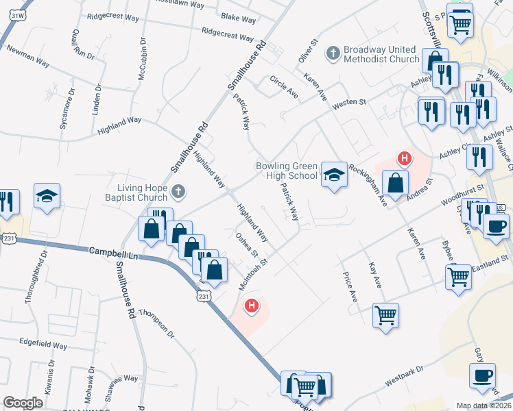 map of restaurants, bars, coffee shops, grocery stores, and more near 1616 Highland Way in Bowling Green