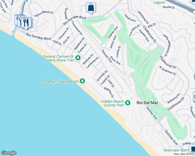 map of restaurants, bars, coffee shops, grocery stores, and more near 105 Granada Drive in Aptos