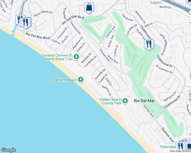 map of restaurants, bars, coffee shops, grocery stores, and more near 105 Granada Drive in Aptos