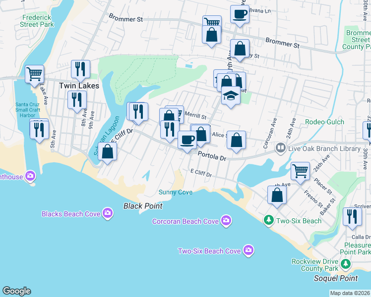 map of restaurants, bars, coffee shops, grocery stores, and more near 21625 East Cliff Drive in Santa Cruz