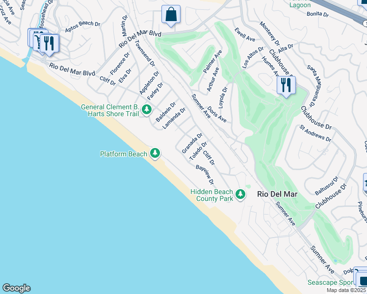 map of restaurants, bars, coffee shops, grocery stores, and more near 105 Granada Drive in Aptos