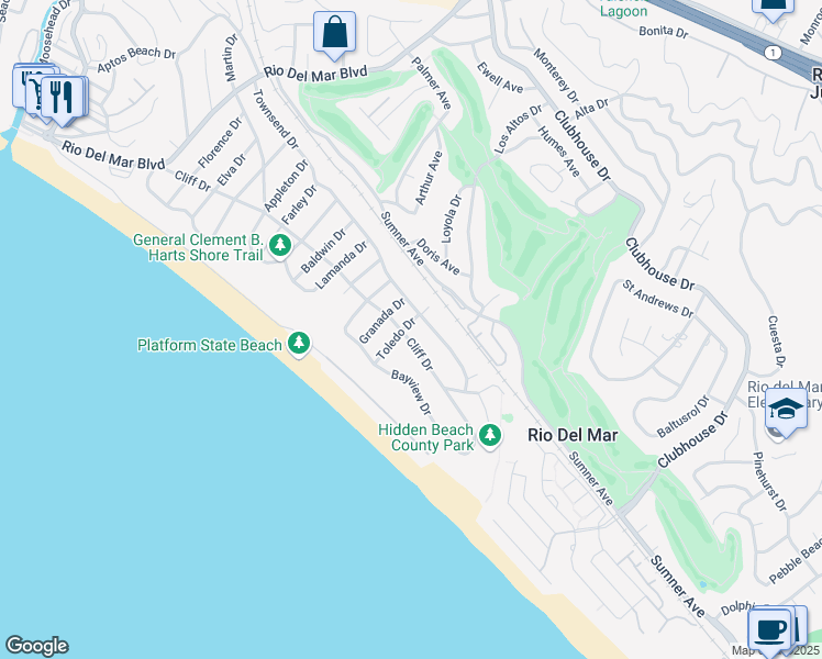 map of restaurants, bars, coffee shops, grocery stores, and more near 204 Toledo Drive in Aptos