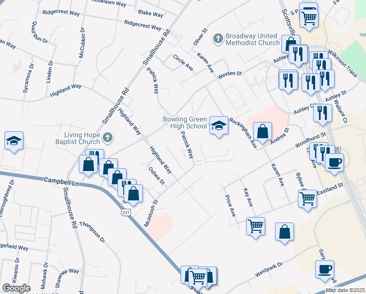 map of restaurants, bars, coffee shops, grocery stores, and more near 1737 Patrick Way in Bowling Green
