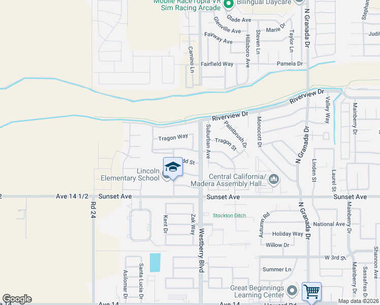 map of restaurants, bars, coffee shops, grocery stores, and more near 3384 Doubletree Way in Madera