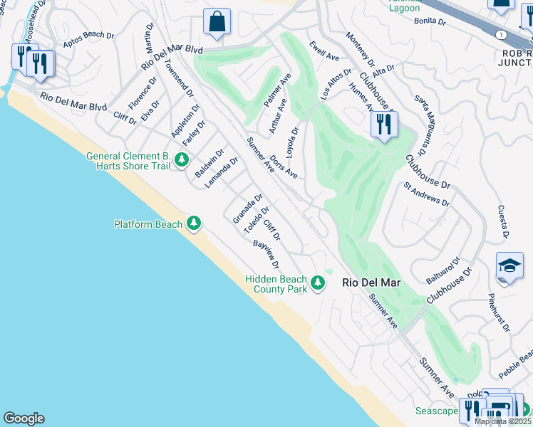 map of restaurants, bars, coffee shops, grocery stores, and more near 204 Toledo Drive in Aptos