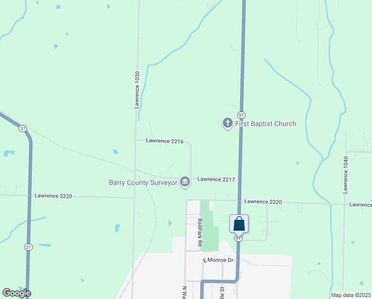 map of restaurants, bars, coffee shops, grocery stores, and more near 21551 Lawrence 1032 in Pierce City
