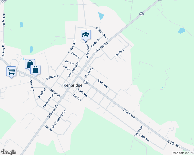 map of restaurants, bars, coffee shops, grocery stores, and more near 217 East 4th Avenue in Kenbridge
