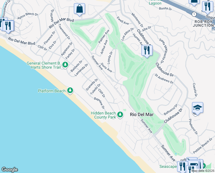 map of restaurants, bars, coffee shops, grocery stores, and more near 609 Townsend Drive in Aptos
