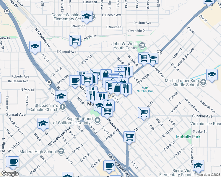 map of restaurants, bars, coffee shops, grocery stores, and more near 109 North D Street in Madera