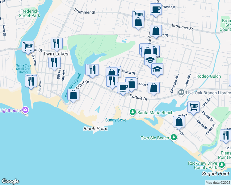 map of restaurants, bars, coffee shops, grocery stores, and more near 21517 East Cliff Drive in Santa Cruz