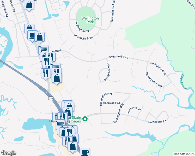 map of restaurants, bars, coffee shops, grocery stores, and more near 532 Hickory Crescent in Smithfield