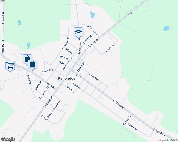 map of restaurants, bars, coffee shops, grocery stores, and more near 217 East 4th Avenue in Kenbridge