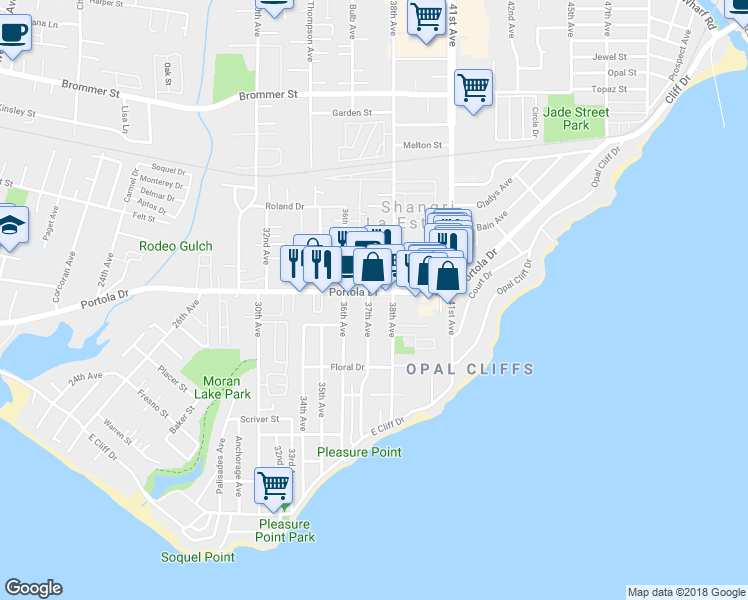 map of restaurants, bars, coffee shops, grocery stores, and more near 3700 Portola Drive in Santa Cruz