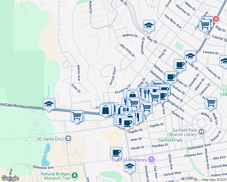map of restaurants, bars, coffee shops, grocery stores, and more near 1628 Escalona Drive in Santa Cruz