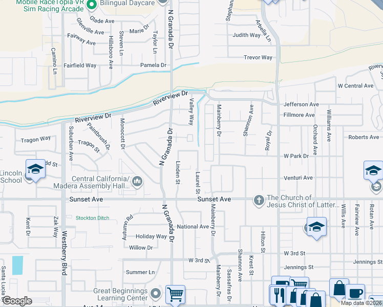 map of restaurants, bars, coffee shops, grocery stores, and more near 774 Laurel Street in Madera