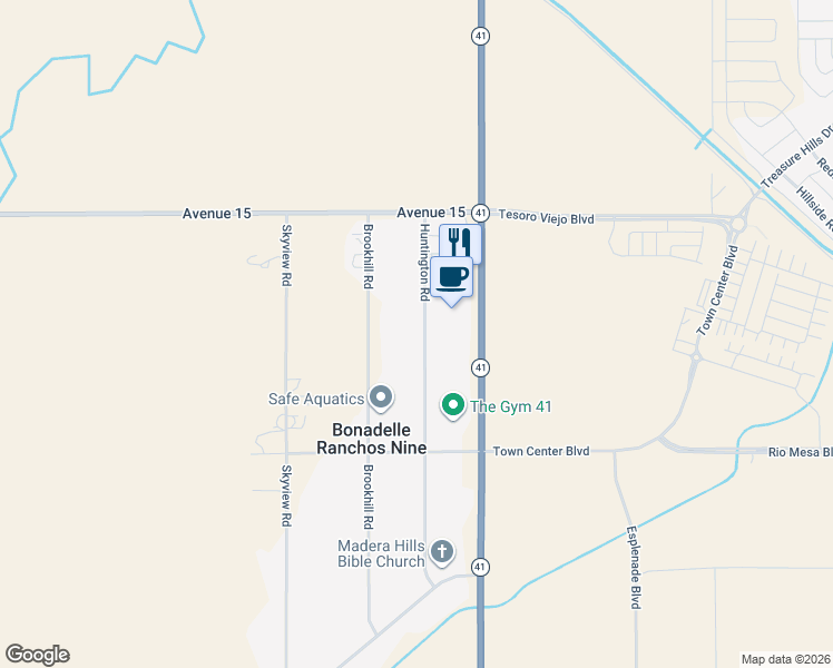 map of restaurants, bars, coffee shops, grocery stores, and more near 14746 Huntington Road in Madera