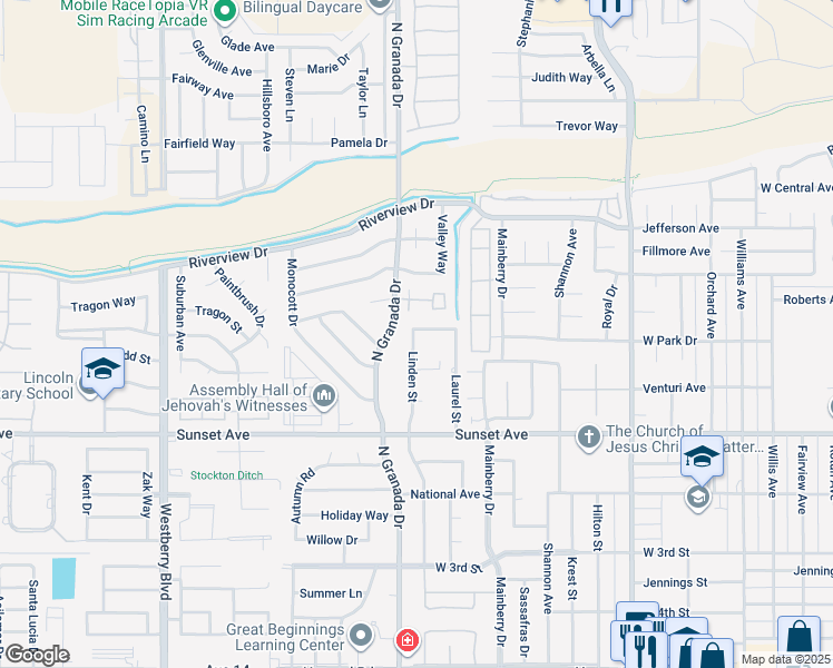 map of restaurants, bars, coffee shops, grocery stores, and more near 779 Linden Street in Madera