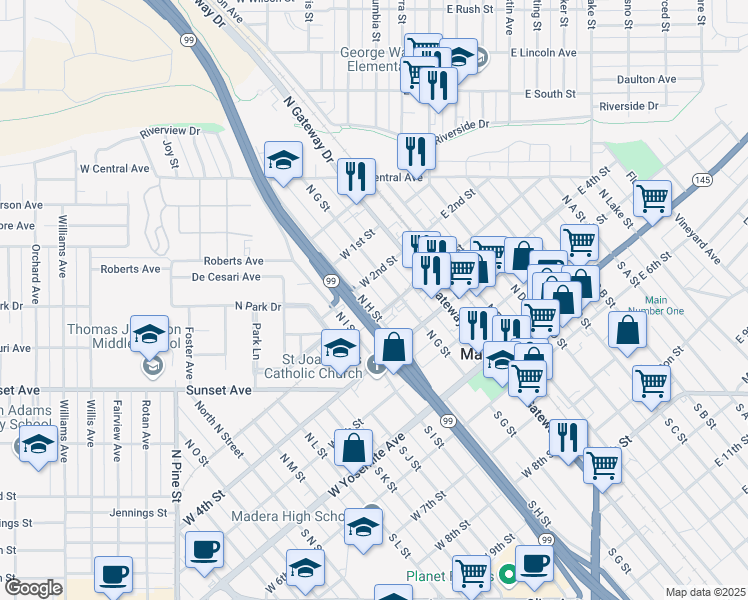 map of restaurants, bars, coffee shops, grocery stores, and more near 417 North H Street in Madera