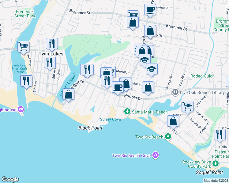 map of restaurants, bars, coffee shops, grocery stores, and more near 21613 East Cliff Drive in Santa Cruz