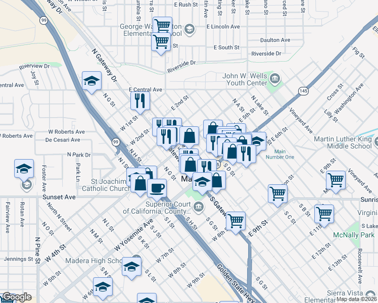 map of restaurants, bars, coffee shops, grocery stores, and more near 211 North Gateway Drive in Madera