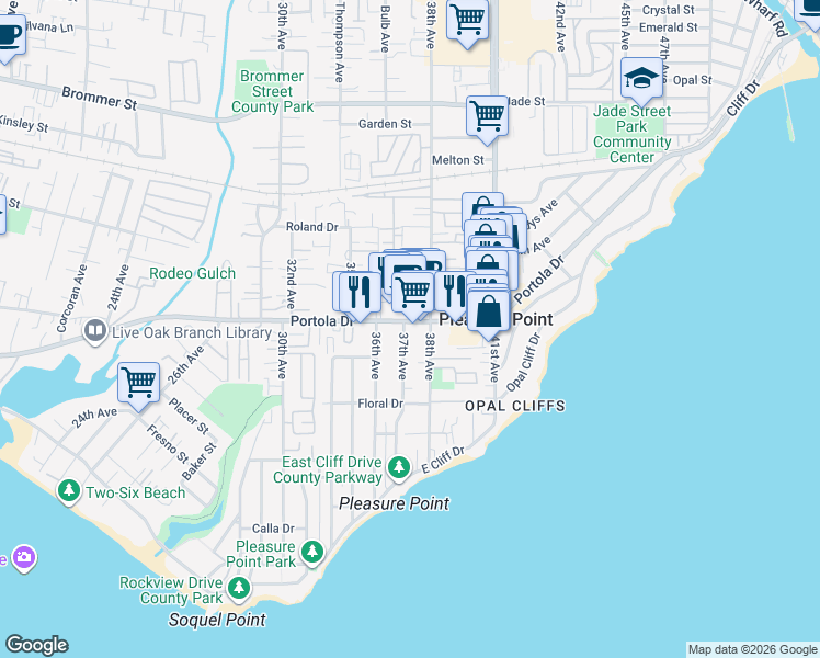map of restaurants, bars, coffee shops, grocery stores, and more near 3750 Portola Drive in Santa Cruz