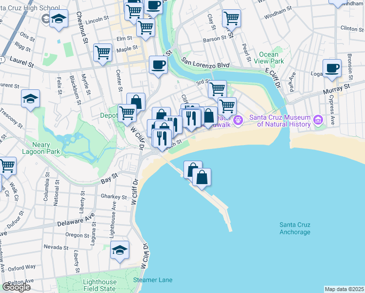 map of restaurants, bars, coffee shops, grocery stores, and more near 400 Beach Street in Santa Cruz